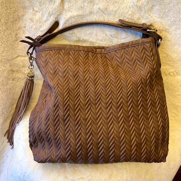 Moda Luxe Expresso brown M/L handbag faux leather abstract herringbone design. J - Picture 1 of 11